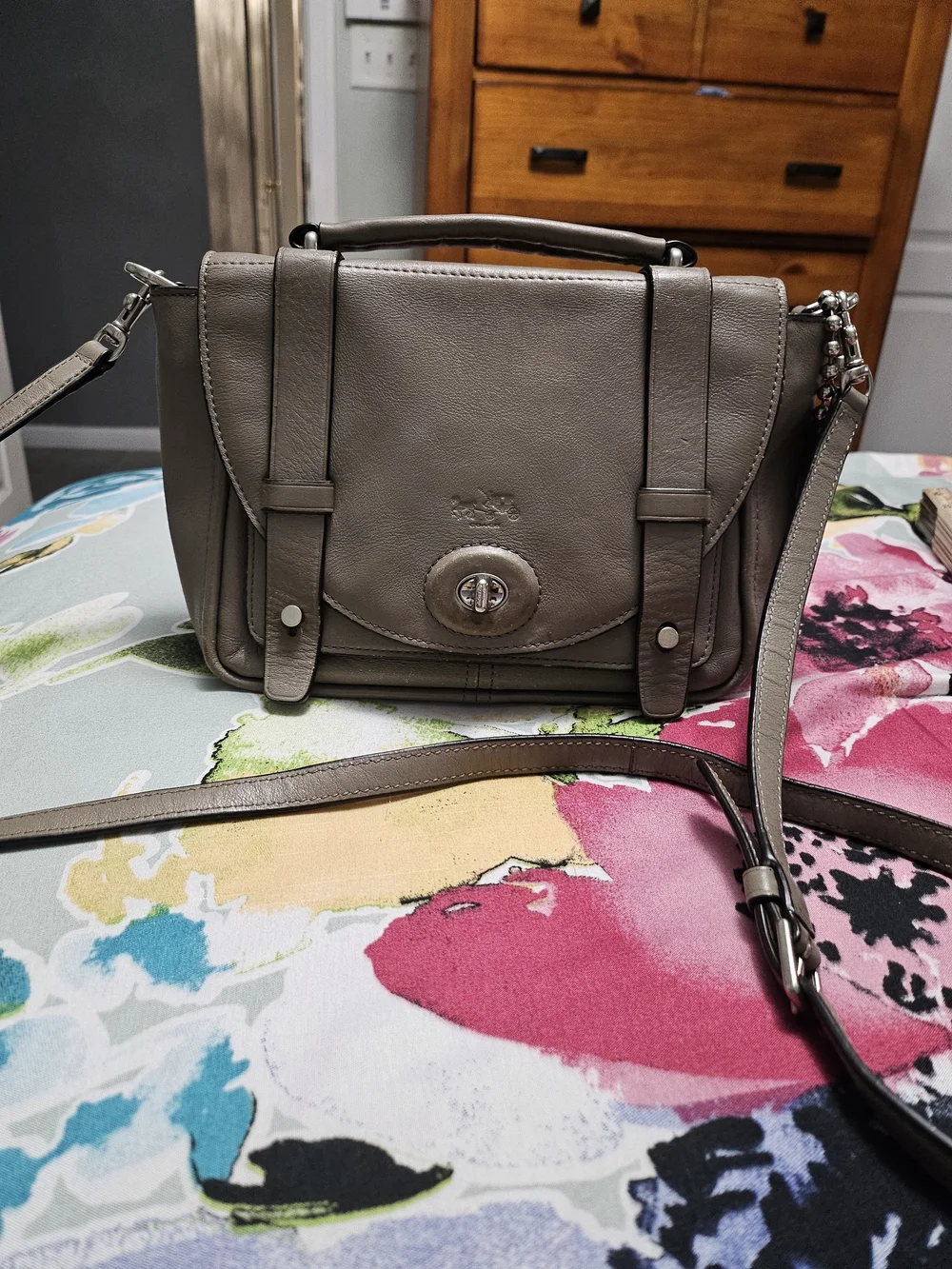 Coach Taupe Gray Leather Turnlock Crossbody Bag